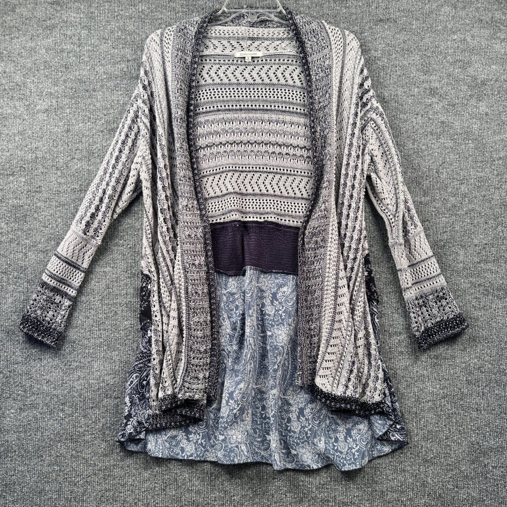 John Mark Womens Blue Grey Mixed Media Pointelle Knit Paisley Floral Cardigan S